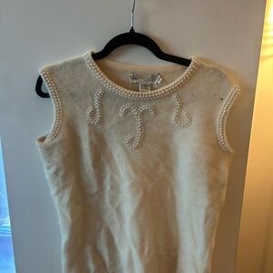Cream Sleeveless Top with Pearl Embellishments- Angora Rabbit Hair